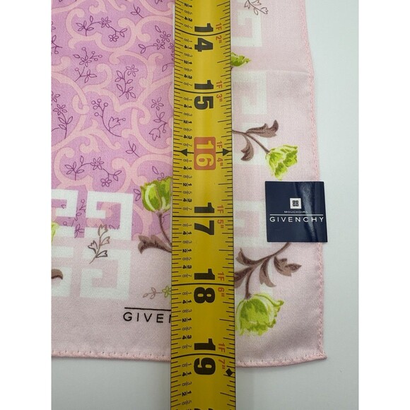 Givenchy Scarf Pink Floral Pattern w/ Monogram Border & Green Floral Accents - Picture 8 of 8
